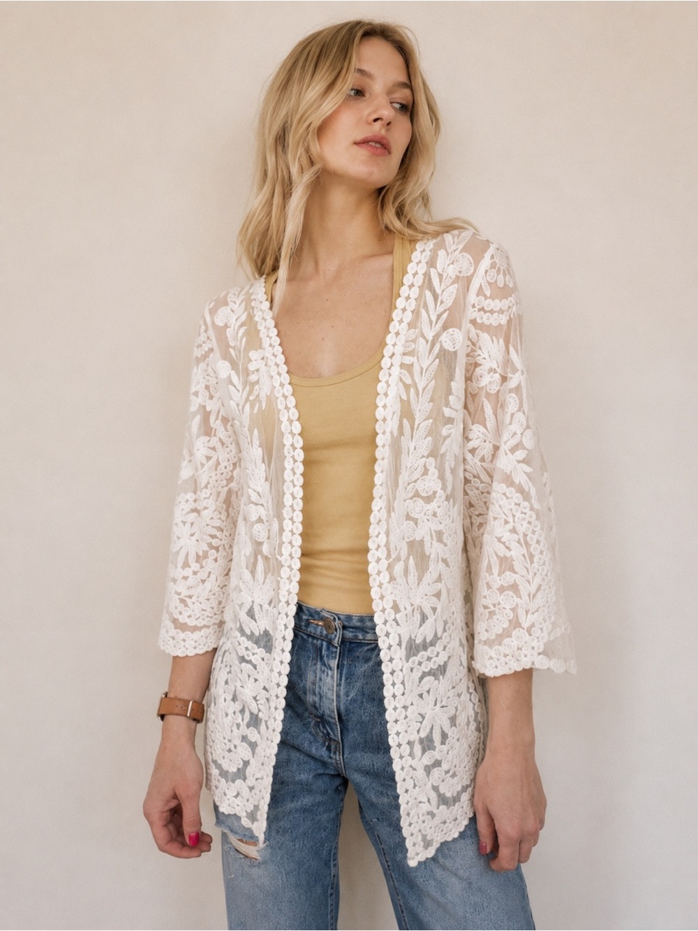 Ronni Nicole White Lace Boho Cardigan Sheer Floral Open Front